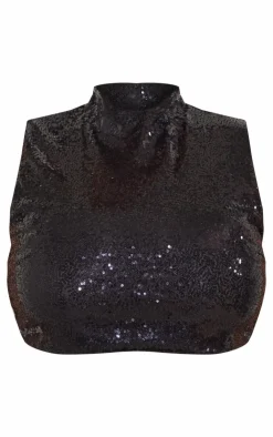 Discount PrettyLittleThing Plus Sequin High Neck Crop Top Black