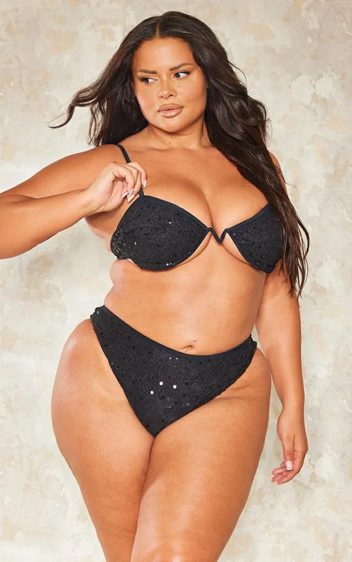 Plus Black Sequin High Waisted Bikini Bottoms