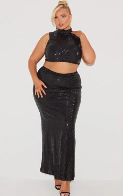 Hot PrettyLittleThing Plus Sequin High Waist Maxi Skirt Black