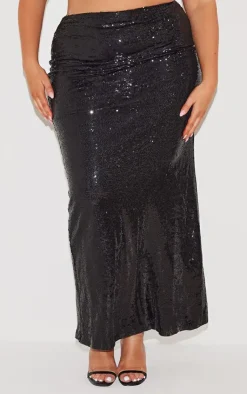 Hot PrettyLittleThing Plus Sequin High Waist Maxi Skirt Black