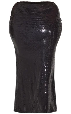 Hot PrettyLittleThing Plus Sequin High Waist Maxi Skirt Black