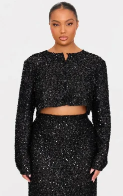Discount PrettyLittleThing Plus Sequin Long Sleeve Button Up Crop Top Black