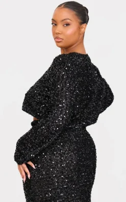 Discount PrettyLittleThing Plus Sequin Long Sleeve Button Up Crop Top Black