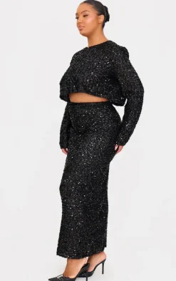 Discount PrettyLittleThing Plus Sequin Long Sleeve Button Up Crop Top Black