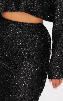 Discount PrettyLittleThing Plus Sequin Long Sleeve Button Up Crop Top Black