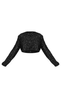 Discount PrettyLittleThing Plus Sequin Long Sleeve Button Up Crop Top Black