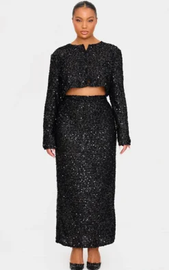 Hot PrettyLittleThing Plus Sequin Maxi Skirt Black