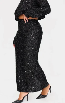 Hot PrettyLittleThing Plus Sequin Maxi Skirt Black