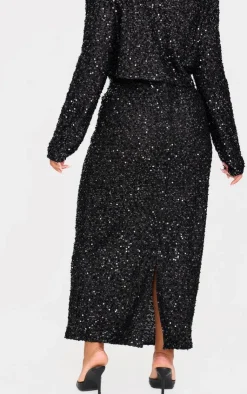 Hot PrettyLittleThing Plus Sequin Maxi Skirt Black