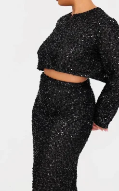 Hot PrettyLittleThing Plus Sequin Maxi Skirt Black