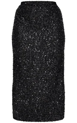 Hot PrettyLittleThing Plus Sequin Maxi Skirt Black