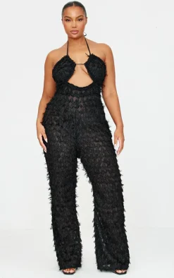 Plus Sheer Feather Lace Up Detail Jumpsuit-PrettyLittleThing New