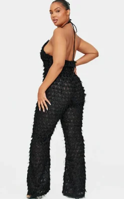 Plus Sheer Feather Lace Up Detail Jumpsuit-PrettyLittleThing New