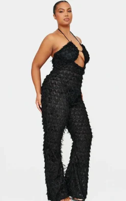 Plus Sheer Feather Lace Up Detail Jumpsuit-PrettyLittleThing New