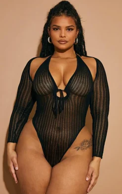 Plus Black Sheer Knit Bodysuit With Sleeves