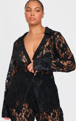 PrettyLittleThing Plus Sheer Lace Shirt Black