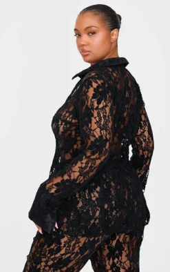 PrettyLittleThing Plus Sheer Lace Shirt Black