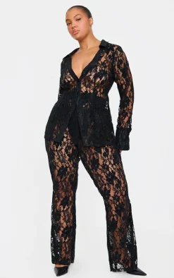 PrettyLittleThing Plus Sheer Lace Shirt Black