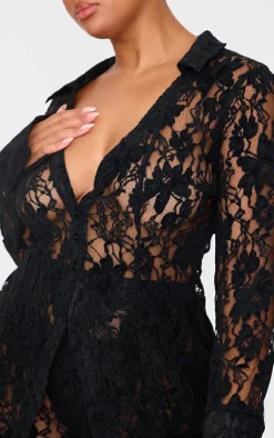 PrettyLittleThing Plus Sheer Lace Shirt Black