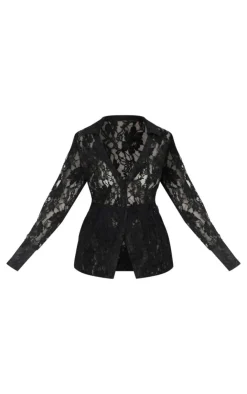 PrettyLittleThing Plus Sheer Lace Shirt Black