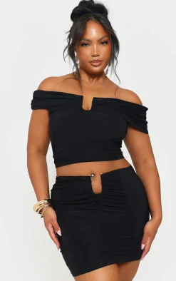 Online PrettyLittleThing Plus Slinky Gold Trim Detail Bardot Top Black
