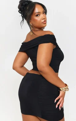 Online PrettyLittleThing Plus Slinky Gold Trim Detail Bardot Top Black