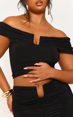 Online PrettyLittleThing Plus Slinky Gold Trim Detail Bardot Top Black