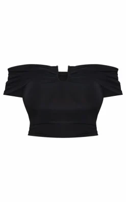 Online PrettyLittleThing Plus Slinky Gold Trim Detail Bardot Top Black