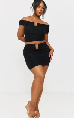 New PrettyLittleThing Plus Slinky Gold Trim Drape Detail Mini Skirt Black
