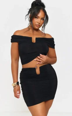 New PrettyLittleThing Plus Slinky Gold Trim Drape Detail Mini Skirt Black