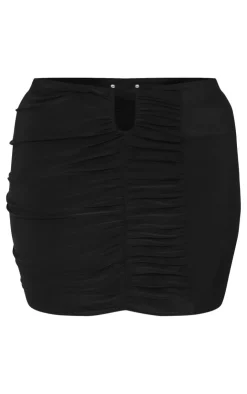 New PrettyLittleThing Plus Slinky Gold Trim Drape Detail Mini Skirt Black