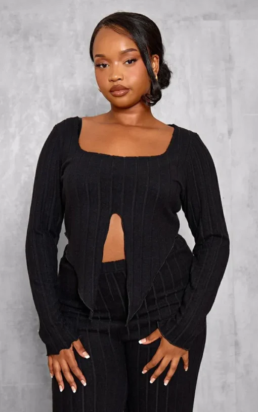 Best PrettyLittleThing Plus Soft Touch Ribbed Long Sleeve Top Black