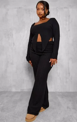 Best PrettyLittleThing Plus Soft Touch Ribbed Long Sleeve Top Black