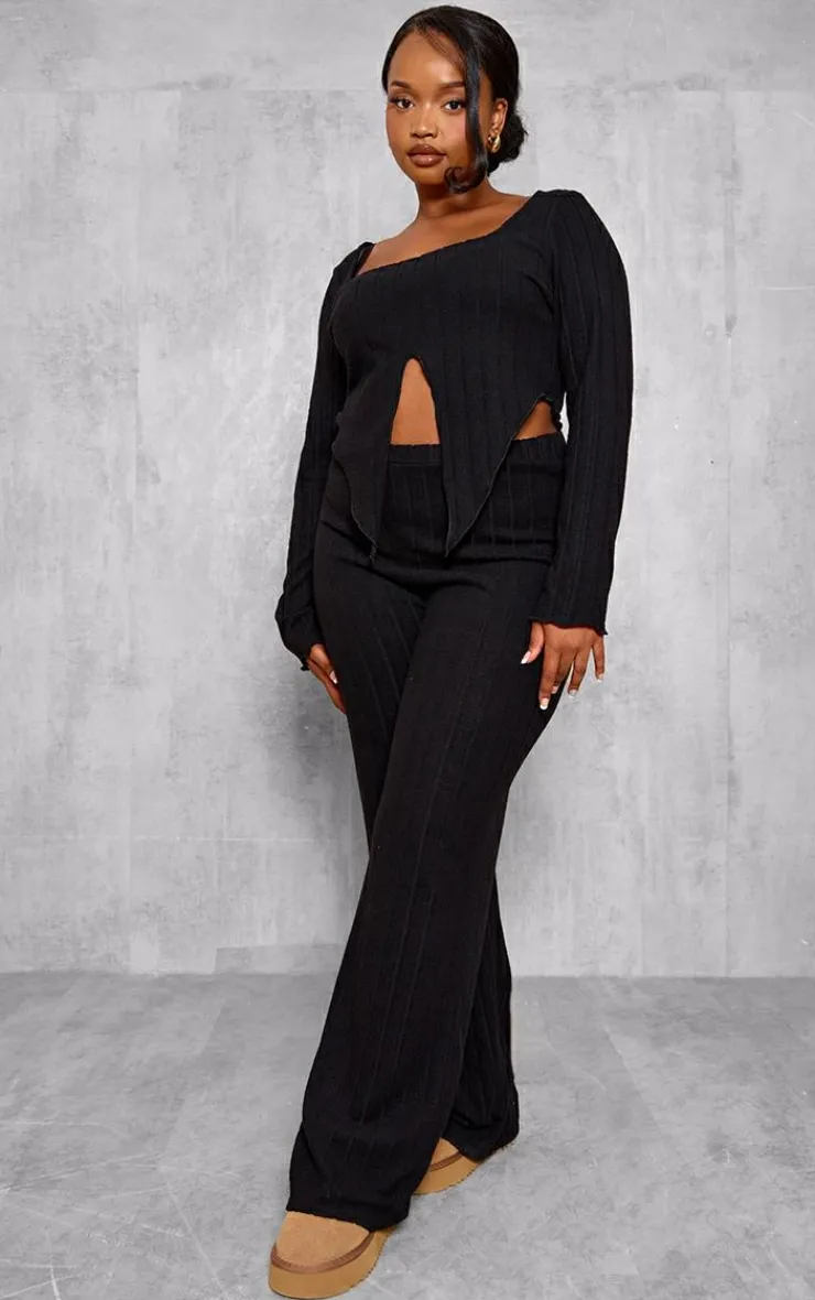 Best PrettyLittleThing Plus Soft Touch Ribbed Long Sleeve Top Black