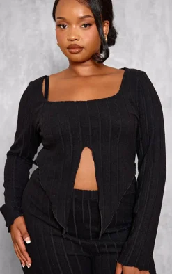 Best PrettyLittleThing Plus Soft Touch Ribbed Long Sleeve Top Black