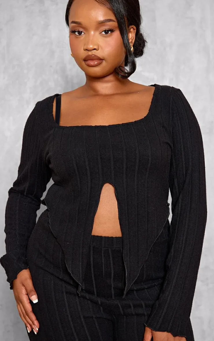 Best PrettyLittleThing Plus Soft Touch Ribbed Long Sleeve Top Black