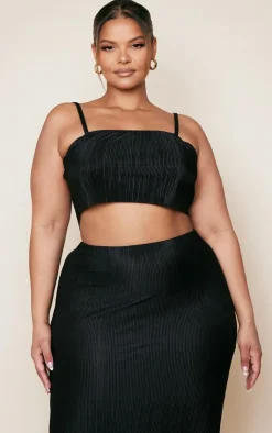 New PrettyLittleThing Plus Strappy Plisse Crop Top Black