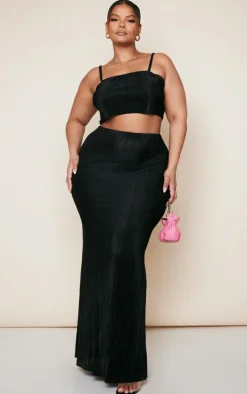 New PrettyLittleThing Plus Strappy Plisse Crop Top Black