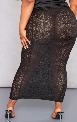 Online PrettyLittleThing Plus Tassel Crochet Maxi Skirt Black