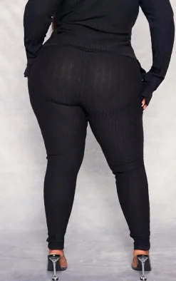 Discount PrettyLittleThing Plus Textured Knit High Waist Leggings Black