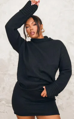 Discount PrettyLittleThing Plus Textured Knit Roll Neck Oversized Sweater Black