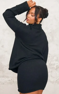 Discount PrettyLittleThing Plus Textured Knit Roll Neck Oversized Sweater Black