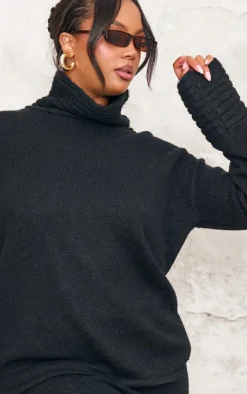 Discount PrettyLittleThing Plus Textured Knit Roll Neck Oversized Sweater Black