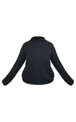 Discount PrettyLittleThing Plus Textured Knit Roll Neck Oversized Sweater Black