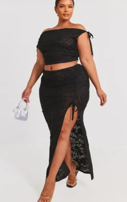 Hot PrettyLittleThing Plus Textured Ruched Midi Skirt Black