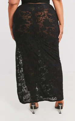 Hot PrettyLittleThing Plus Textured Ruched Midi Skirt Black
