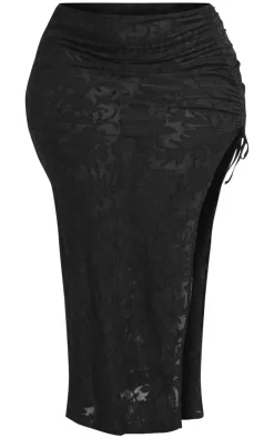 Hot PrettyLittleThing Plus Textured Ruched Midi Skirt Black
