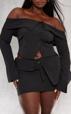 Best PrettyLittleThing Plus Textured Woven Fold Over Detail Long Sleeve Top Black