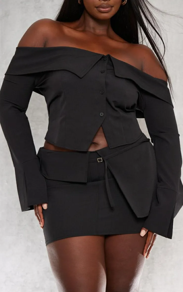 Best PrettyLittleThing Plus Textured Woven Fold Over Detail Long Sleeve Top Black