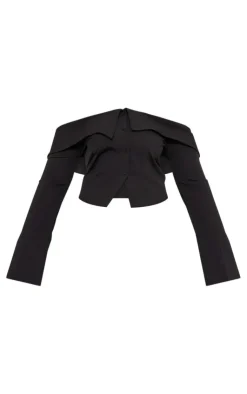 Best PrettyLittleThing Plus Textured Woven Fold Over Detail Long Sleeve Top Black